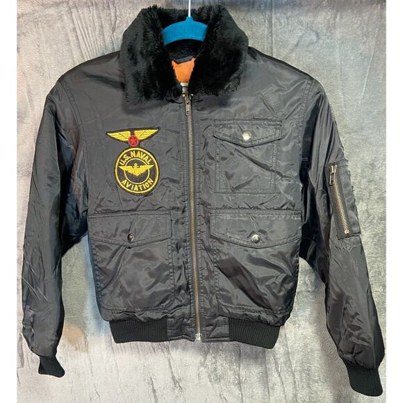 Vintage Tiger Bay Black US Naval Bomber Aviator Full Zip Jacket Kids 10-12 M